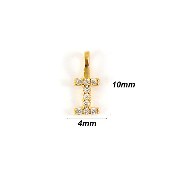 Picture of 1 Piece Sterling Silver Capital Alphabet Initial Letter Name Charms 18K Gold Plated Message " I " Micro Pave 10mm x 4mm