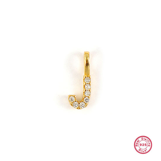 Picture of 1 Piece Sterling Silver Capital Alphabet Initial Letter Name Charms 18K Gold Plated Message " J " Micro Pave 10mm x 4mm