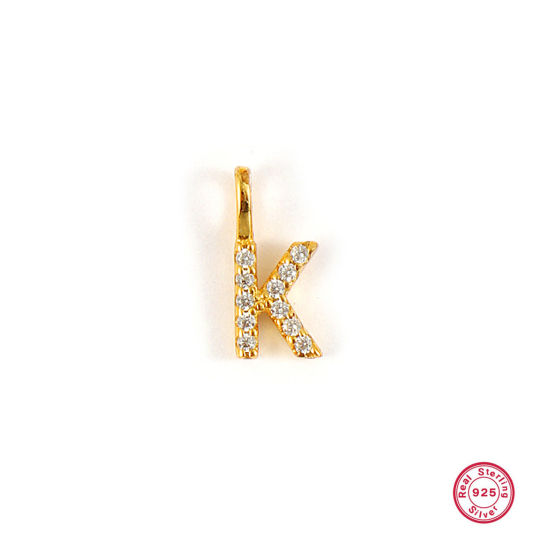Picture of 1 Piece Sterling Silver Capital Alphabet Initial Letter Name Charms 18K Gold Plated Message " K " Micro Pave 10mm x 5mm