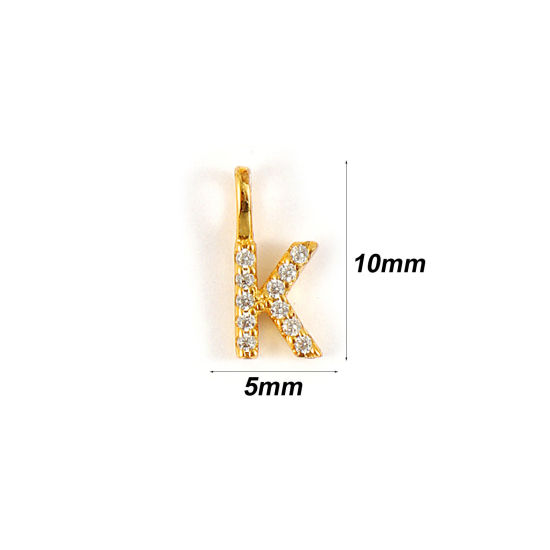 Picture of 1 Piece Sterling Silver Capital Alphabet Initial Letter Name Charms 18K Gold Plated Message " K " Micro Pave 10mm x 5mm