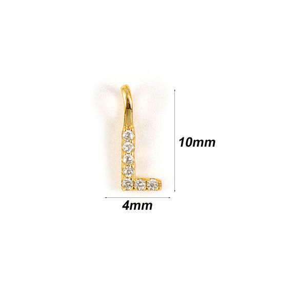Picture of 1 Piece Sterling Silver Capital Alphabet Initial Letter Name Charms 18K Gold Plated Message " L " Micro Pave 10mm x 4mm
