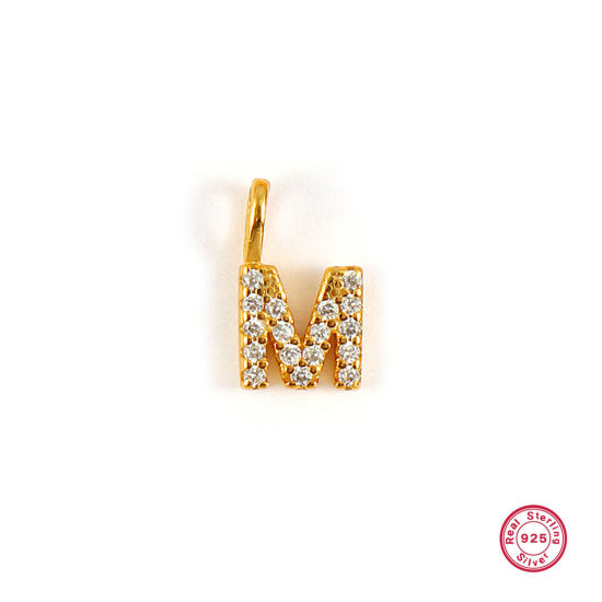 Picture of 1 Piece Sterling Silver Capital Alphabet Initial Letter Name Charms 18K Gold Plated Message " M " Micro Pave 10mm x 6mm
