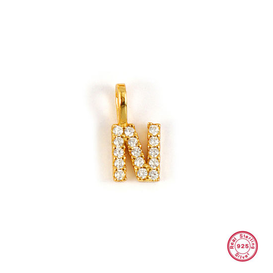 Picture of 1 Piece Sterling Silver Capital Alphabet Initial Letter Name Charms 18K Gold Plated Message " N " Micro Pave 10mm x 5mm