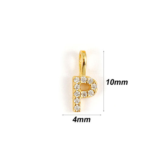 Picture of 1 Piece Sterling Silver Capital Alphabet Initial Letter Name Charms 18K Gold Plated Message " P " Micro Pave 10mm x 4mm