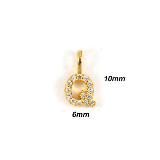 Picture of 1 Piece Sterling Silver Capital Alphabet Initial Letter Name Charms 18K Gold Plated Message " Q " Micro Pave 10mm x 6mm