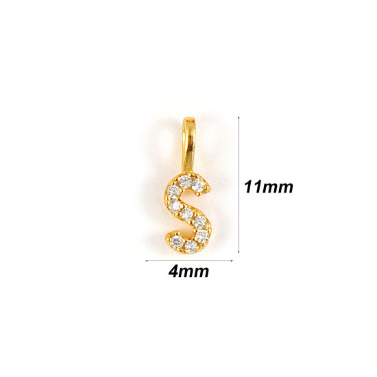 Picture of 1 Piece Sterling Silver Capital Alphabet Initial Letter Name Charms 18K Gold Plated Message " S " Micro Pave 11mm x 4mm