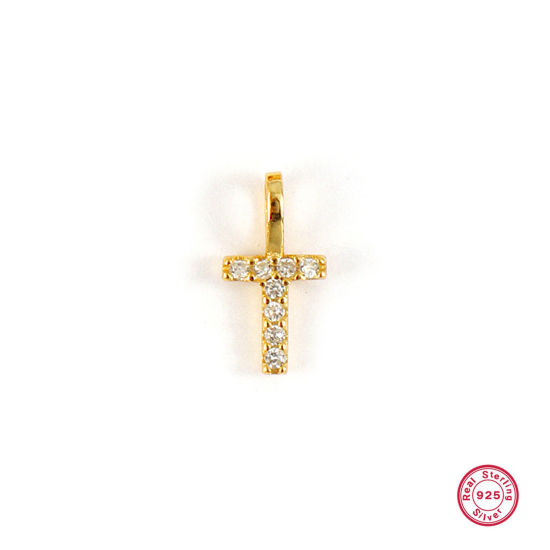 Picture of 1 Piece Sterling Silver Capital Alphabet Initial Letter Name Charms 18K Gold Plated Message " T " Micro Pave 10mm x 5mm