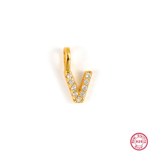 Picture of 1 Piece Sterling Silver Capital Alphabet Initial Letter Name Charms 18K Gold Plated Message " V " Micro Pave 10mm x 5mm