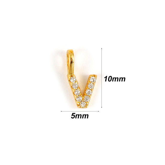 Picture of 1 Piece Sterling Silver Capital Alphabet Initial Letter Name Charms 18K Gold Plated Message " V " Micro Pave 10mm x 5mm
