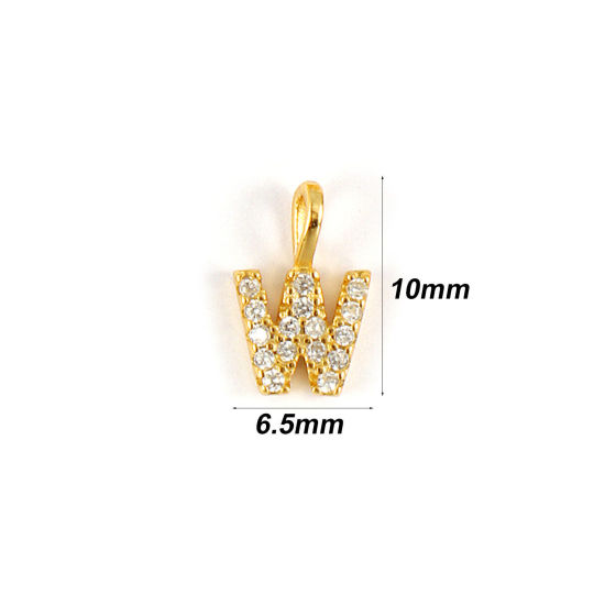 Picture of 1 Piece Sterling Silver Capital Alphabet Initial Letter Name Charms 18K Gold Plated Message " W " Micro Pave 10mm x 6.5mm