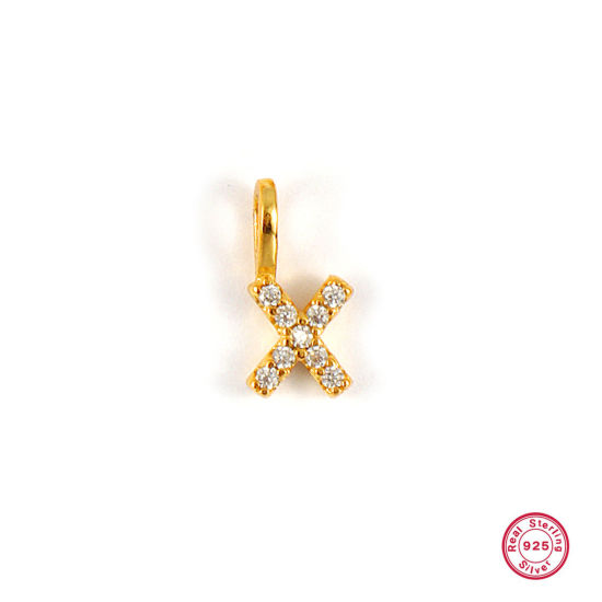 Picture of 1 Piece Sterling Silver Capital Alphabet Initial Letter Name Charms 18K Gold Plated Message " X " Micro Pave 10mm x 5mm