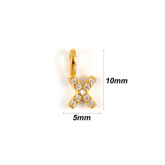 Picture of 1 Piece Sterling Silver Capital Alphabet Initial Letter Name Charms 18K Gold Plated Message " X " Micro Pave 10mm x 5mm