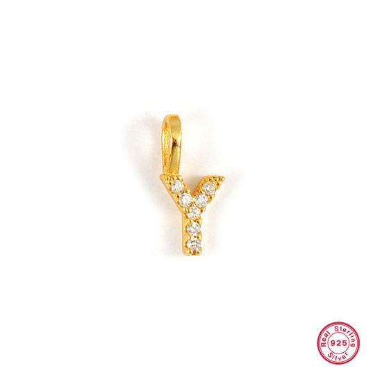 Picture of 1 Piece Sterling Silver Capital Alphabet Initial Letter Name Charms 18K Gold Plated Message " Y " Micro Pave 10mm x 5mm