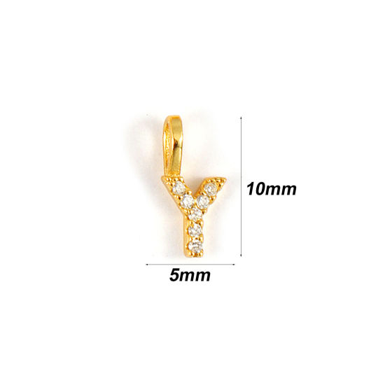 Picture of 1 Piece Sterling Silver Capital Alphabet Initial Letter Name Charms 18K Gold Plated Message " Y " Micro Pave 10mm x 5mm