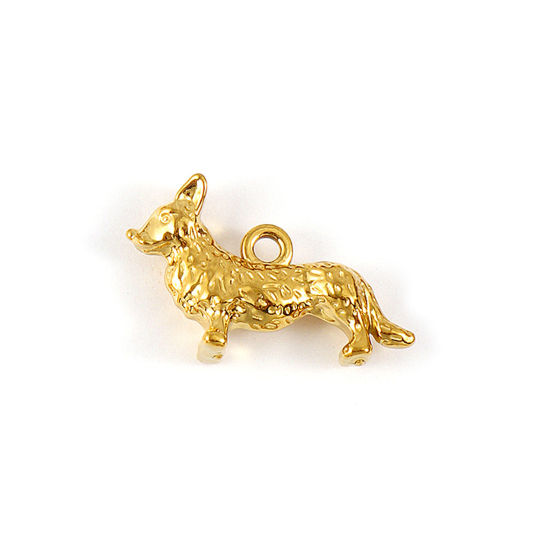 Bild von 1 Stück Umweltfreundliche PVD-Vakuumbeschichtung 304 Edelstahl Charms 18K Echtgold plattiert Corgi Hund 3D 27mm x 17mm