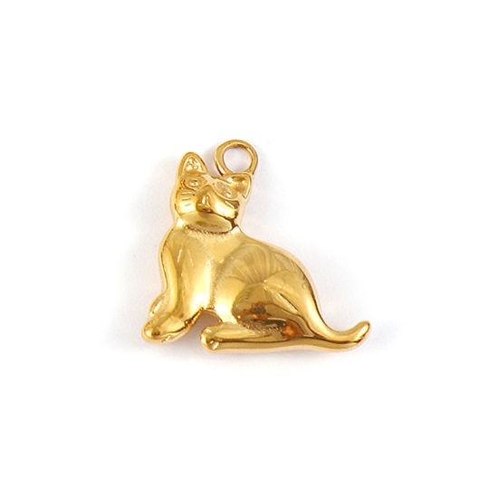 Bild von 1 Stück Umweltfreundliche PVD-Vakuumbeschichtung 304 Edelstahl Charms 18K Echtgold plattiert Katze 3D 21mm x 20mm