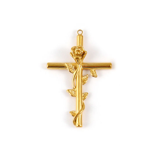 Immagine di 1 Pz Placcatura Sottovuoto PVD Ecologica 304 Acciaio Inossidabile Religione Ciondoli Pendenti 18K Vero Oro Placcato Croce Rosa 5.8cm x 3.8cm
