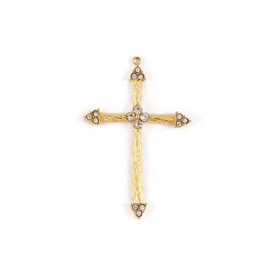Immagine di 1 Pz Placcatura Sottovuoto PVD Ecologica 304 Acciaio Inossidabile Religione Ciondoli Pendenti 18K Vero Oro Placcato Croce Micro Spianare Trasparente Cubic Zirconiae 4.3cm x 2.8cm