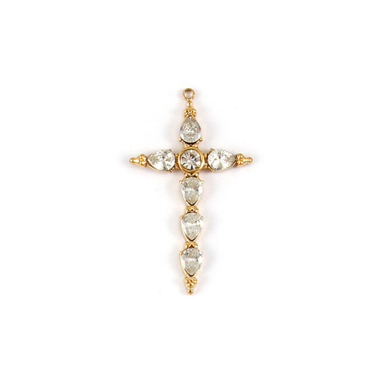 Immagine di 1 Pz Placcatura Sottovuoto PVD Ecologica 304 Acciaio Inossidabile Religione Ciondoli Pendenti 18K Vero Oro Placcato Croce Trasparente Cubic Zirconiae 3.9cm x 2.3cm