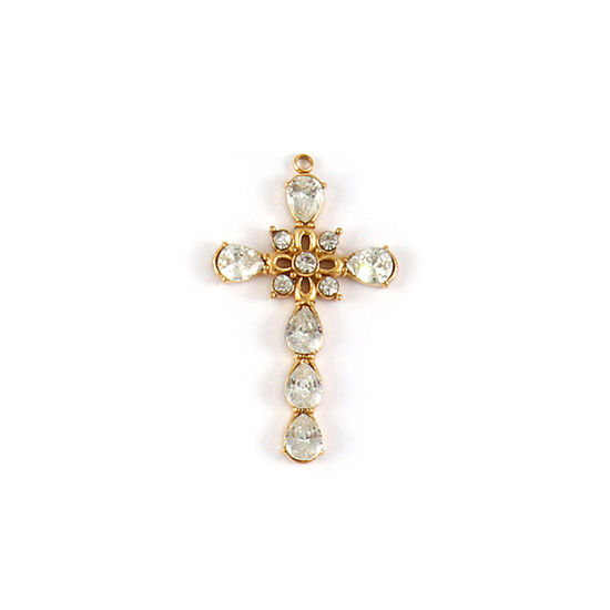 Immagine di 1 Pz Placcatura Sottovuoto PVD Ecologica 304 Acciaio Inossidabile Religione Ciondoli Pendenti 18K Vero Oro Placcato Croce Fiore Trasparente Cubic Zirconiae 3.4cm x 2cm