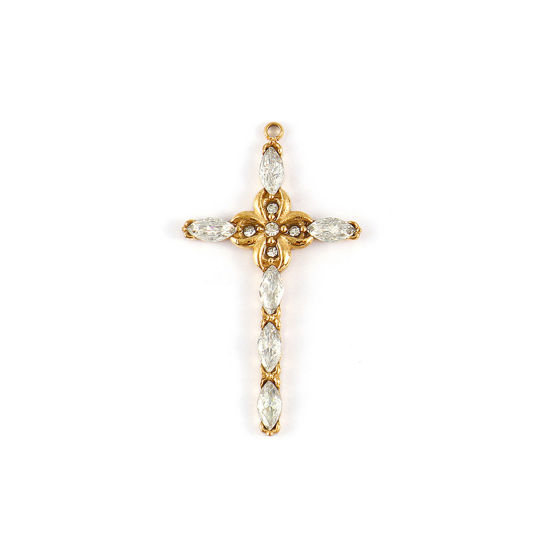 Immagine di 1 Pz Placcatura Sottovuoto PVD Ecologica 304 Acciaio Inossidabile Religione Ciondoli Pendenti 18K Vero Oro Placcato Croce Fiore Trasparente Cubic Zirconiae 3.8cm x 2.2cm