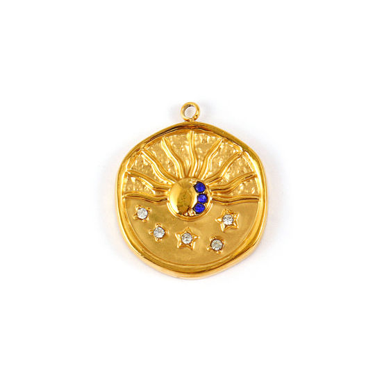 Изображение 1 ШТ Экологичное вакуумное PVD-покрытие 304 Нержавеющая Сталь галактика Подвески 18K настоящее золото с покрытием Круглые Диск Солнце Бижутерия усыпанная мелким фианит Темно-Синий Стразы 21мм x 18мм