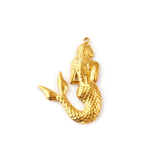 Immagine di 1 Pz Placcatura Sottovuoto PVD Ecologica 304 Acciaio Inossidabile Gioielli Oceanici Ciondoli Pendenti 18K Vero Oro Placcato Sirena Pesce 5.4cm x 3.7cm