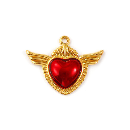 Immagine di 2 Pz Placcatura Sottovuoto PVD Ecologica 304 Acciaio Inossidabile Religione Ciondoli Pendenti 18K Vero Oro Placcato Rosso Smalto Ex Voto Cuore Ali 4.5cm x 3.5cm