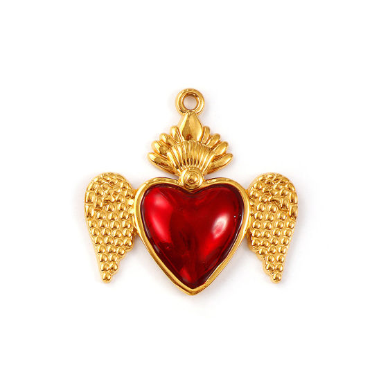 Immagine di 2 Pz Placcatura Sottovuoto PVD Ecologica 304 Acciaio Inossidabile Religione Ciondoli Pendenti 18K Vero Oro Placcato Rosso Smalto Ex Voto Cuore Ali 4.5cm x 4.4cm