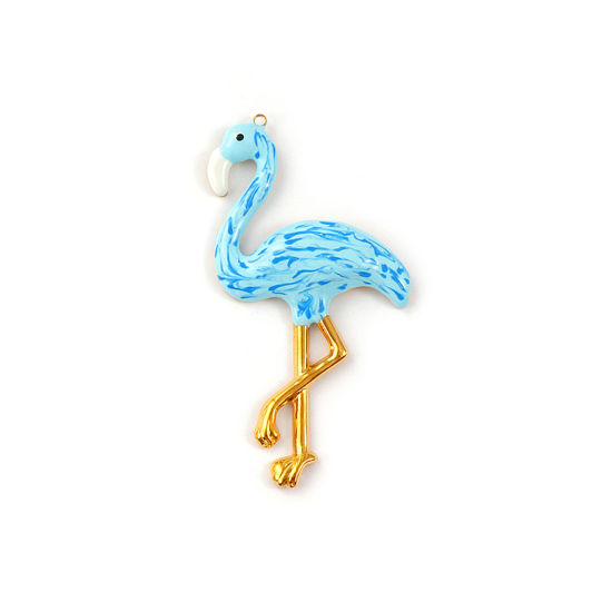 Bild von 1 Stück Umweltfreundliche PVD-Vakuumbeschichtung 304 Edelstahl Anhänger 18K Echtgold plattiert Blau Emaille Flamingo 7.5cm x 4.1cm