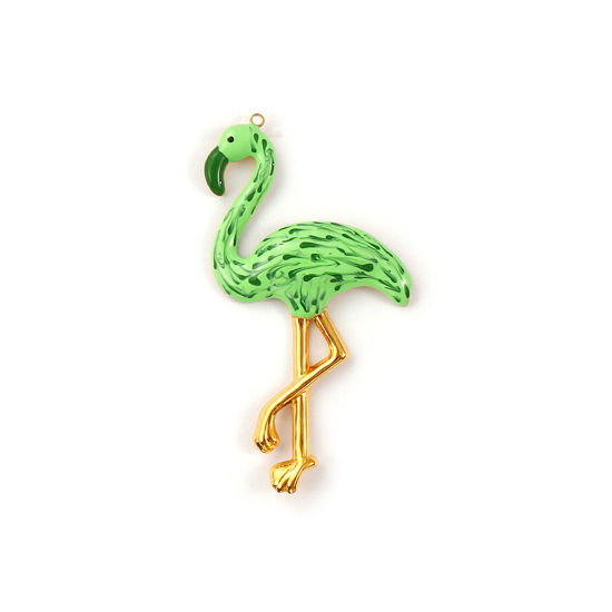 Bild von 1 Stück Umweltfreundliche PVD-Vakuumbeschichtung 304 Edelstahl Anhänger 18K Echtgold plattiert Grün Emaille Flamingo 7.5cm x 4.1cm
