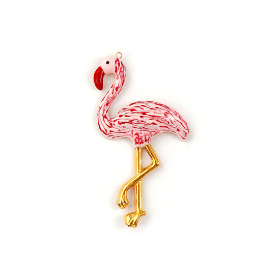 Bild von 1 Stück Umweltfreundliche PVD-Vakuumbeschichtung 304 Edelstahl Anhänger 18K Echtgold plattiert Rot Emaille Flamingo 7.5cm x 4.1cm
