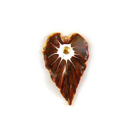 Bild von 1 Stück Umweltfreundliche PVD-Vakuumbeschichtung 304 Edelstahl Anhänger 18K Echtgold plattiert Braun Emaille Monstera Blatt Perlmuttartig 4.4cm x 2.9cm