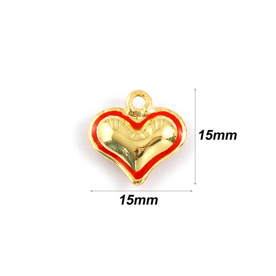 Immagine di 1 Piece Eco-friendly Brass Valentine's Day Charms 18K Real Gold Plated Orange-red Enamel Heart 3D 15mm x 15mm
