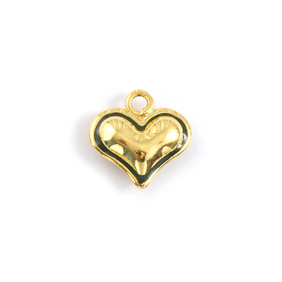 Immagine di 1 Piece Eco-friendly Brass Valentine's Day Charms 18K Real Gold Plated Dark Green Enamel Heart 3D 15mm x 15mm