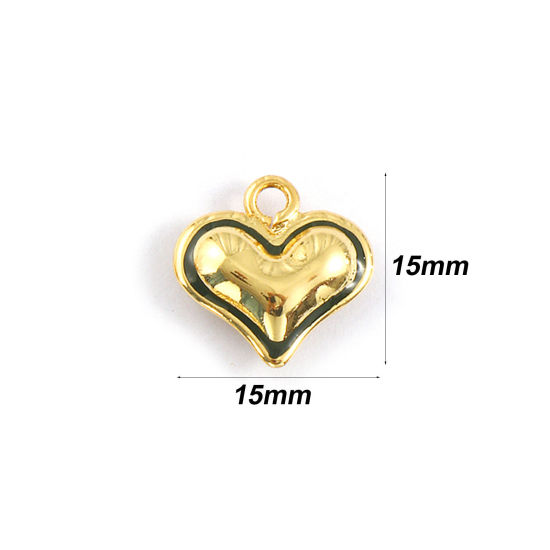 Immagine di 1 Piece Eco-friendly Brass Valentine's Day Charms 18K Real Gold Plated Dark Green Enamel Heart 3D 15mm x 15mm