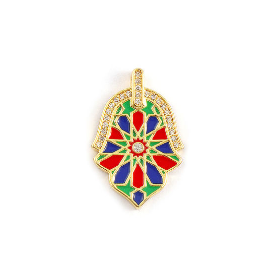 Picture of 1 Piece Eco-friendly Brass Religious Charms 18K Real Gold Plated Multicolor Enamel Hamsa Symbol Hand Micro Pave Clear Cubic Zirconia 25mm x 17mm