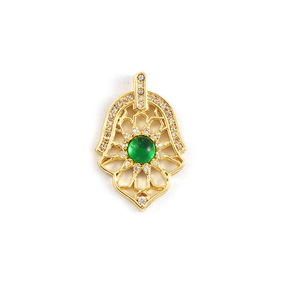 Picture of 1 Piece Eco-friendly Brass Religious Charms 18K Real Gold Plated Hamsa Symbol Hand Micro Pave Green Rhinestone Clear Cubic Zirconia 25mm x 17mm