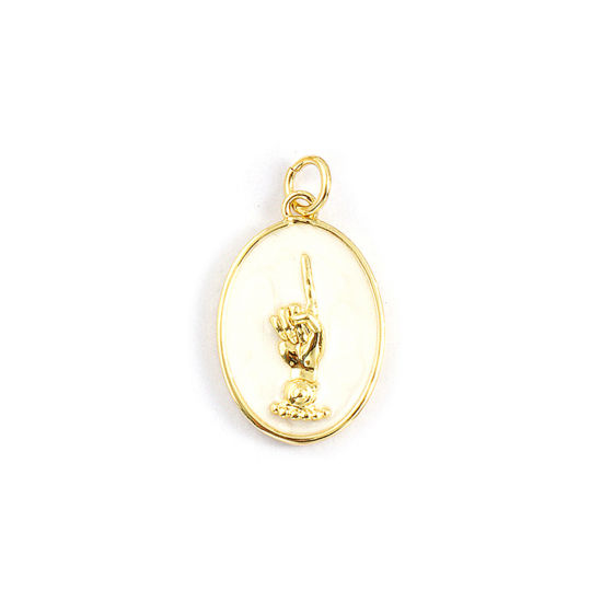 Picture of 1 Piece Eco-friendly Brass Charms 18K Real Gold Plated White Enamel Oval Number One Hand Sign Gesture Pearlized 23mm x 13mm