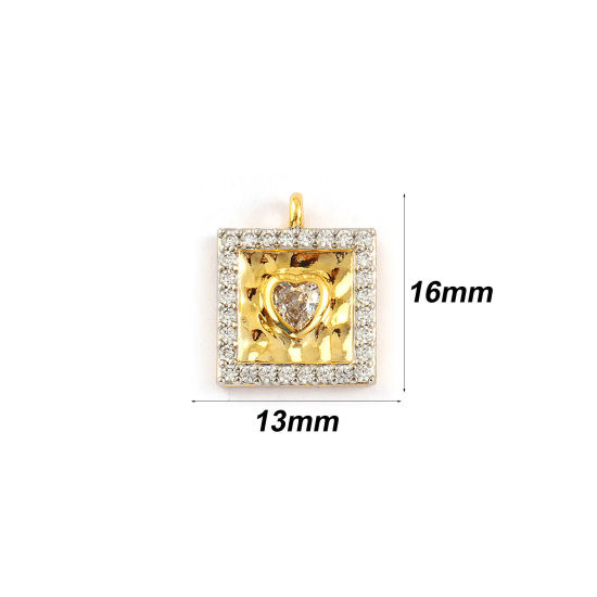 Picture of 1 Piece Eco-friendly Brass Valentine's Day Charms 18K Real Gold Plated Square Heart Micro Pave Clear Cubic Zirconia 16mm x 13mm