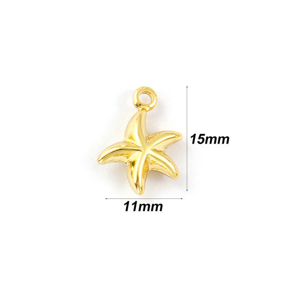 Picture of 2 PCs Eco-friendly Brass Ocean Jewelry Charms 18K Real Gold Plated Star Fish 3D 15mm x 11mm