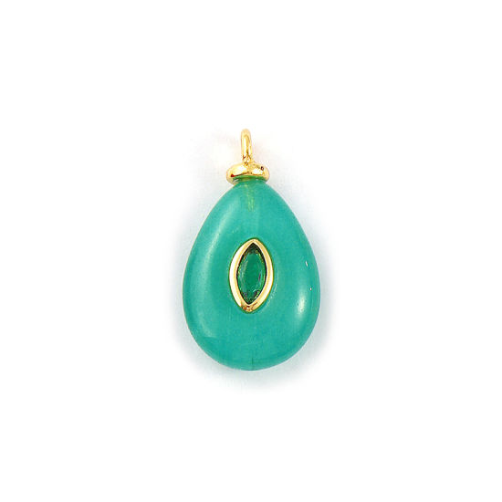 Immagine di 1 Piece Eco-friendly Brass & Gemstone Geometric Charms 18K Real Gold Plated Cyan Drop Emerald Cubic Zirconia 23mm x 13mm