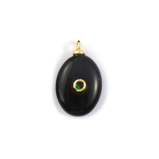 Immagine di 1 Piece Eco-friendly Brass & Gemstone Geometric Charms 18K Real Gold Plated Black Oval Emerald Cubic Zirconia 25mm x 15mm