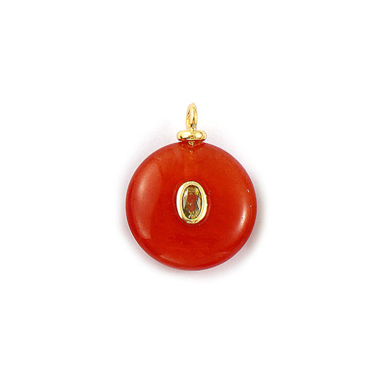 Picture of 1 Piece Eco-friendly Brass & Gemstone Geometric Charms 18K Real Gold Plated Light Brown Round Olive Green Cubic Zirconia 23mm x 18mm