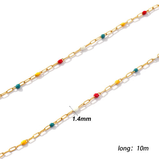 Picture of 10 M Eco-friendly PVD Vacuum Plating 304 Stainless Steel Enamel Paperclip Link Chain For Handmade DIY Jewelry Making Findings 18K Real Gold Plated Multicolor 1.4mm