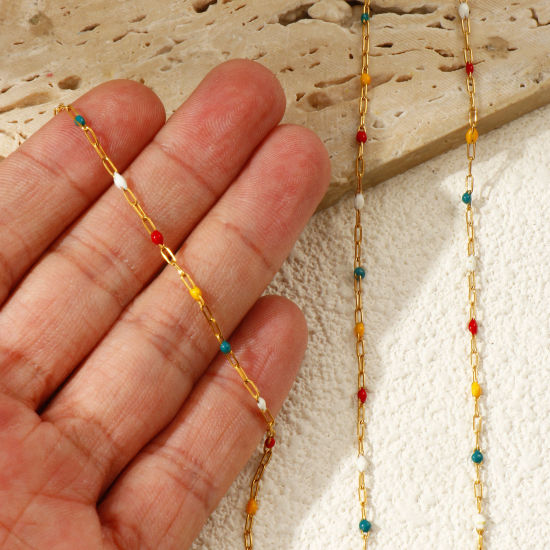 Picture of 10 M Eco-friendly PVD Vacuum Plating 304 Stainless Steel Enamel Paperclip Link Chain For Handmade DIY Jewelry Making Findings 18K Real Gold Plated Multicolor 1.4mm