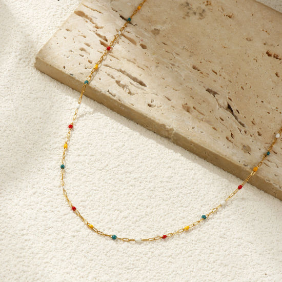 Picture of 10 M Eco-friendly PVD Vacuum Plating 304 Stainless Steel Enamel Paperclip Link Chain For Handmade DIY Jewelry Making Findings 18K Real Gold Plated Multicolor 1.4mm