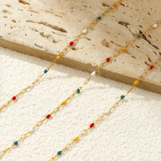 Picture of 10 M Eco-friendly PVD Vacuum Plating 304 Stainless Steel Enamel Paperclip Link Chain For Handmade DIY Jewelry Making Findings 18K Real Gold Plated Multicolor 1.4mm