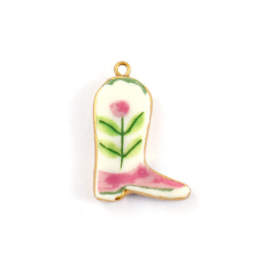 Изображение 2 ШТ Экологичное вакуумное PVD-покрытие 304 нержавеющая сталь и керамики Западный ковбой Подвески 18K настоящее золото с покрытием Разноцветный Ботинок Тюльпан цветок 3.4см x 2.3см