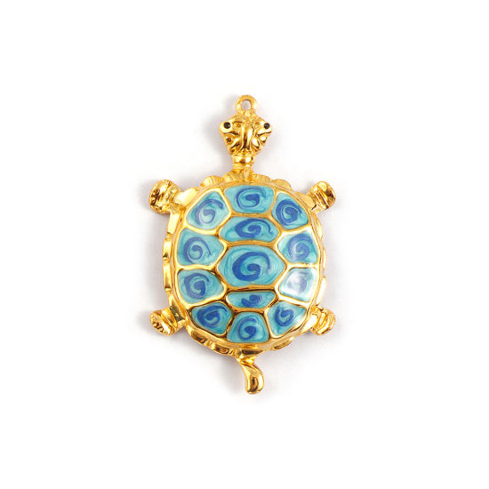 Bild von 1 Piece Eco-friendly PVD Vacuum Plating 304 Stainless Steel Ocean Jewelry Pendants 18K Real Gold Plated Blue Enamel Sea Turtle Animal Spiral Pearlized Black Rhinestone 5.7cm x 3.5cm